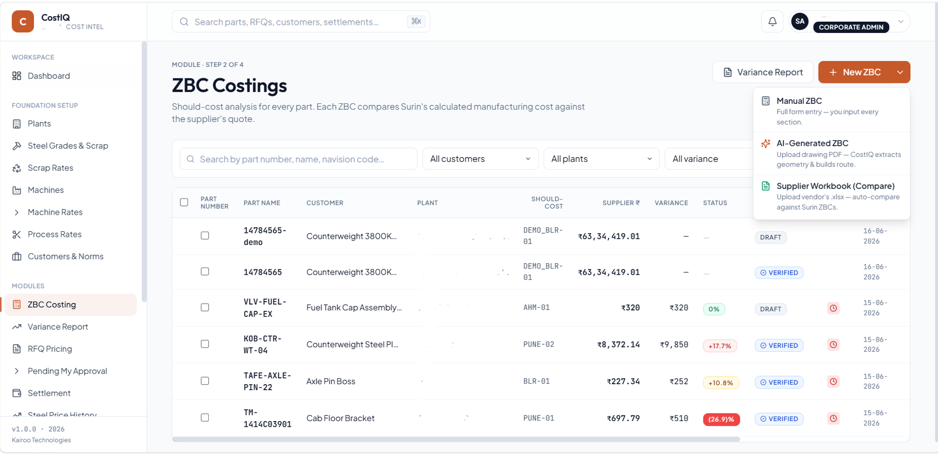 Cost-IQ ZBC Costings list — should-cost vs supplier quote with variance flags, plus Manual, AI-Generated, and Supplier Workbook entry modes.